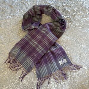 100% Wool || House of Scotland Purple & Light Gray Plaid Fringe Scarf